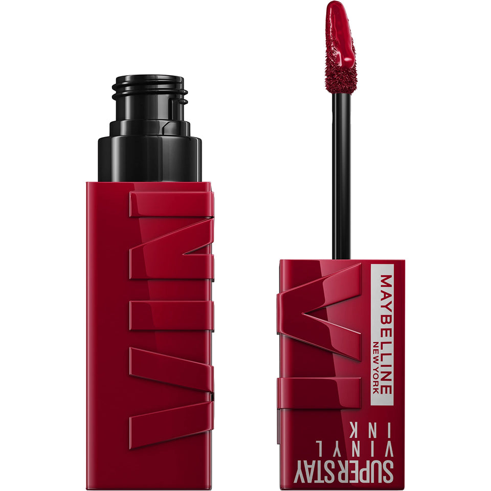 Maybelline front packaging showing Royal deep wine red shade and glossy finish benefit