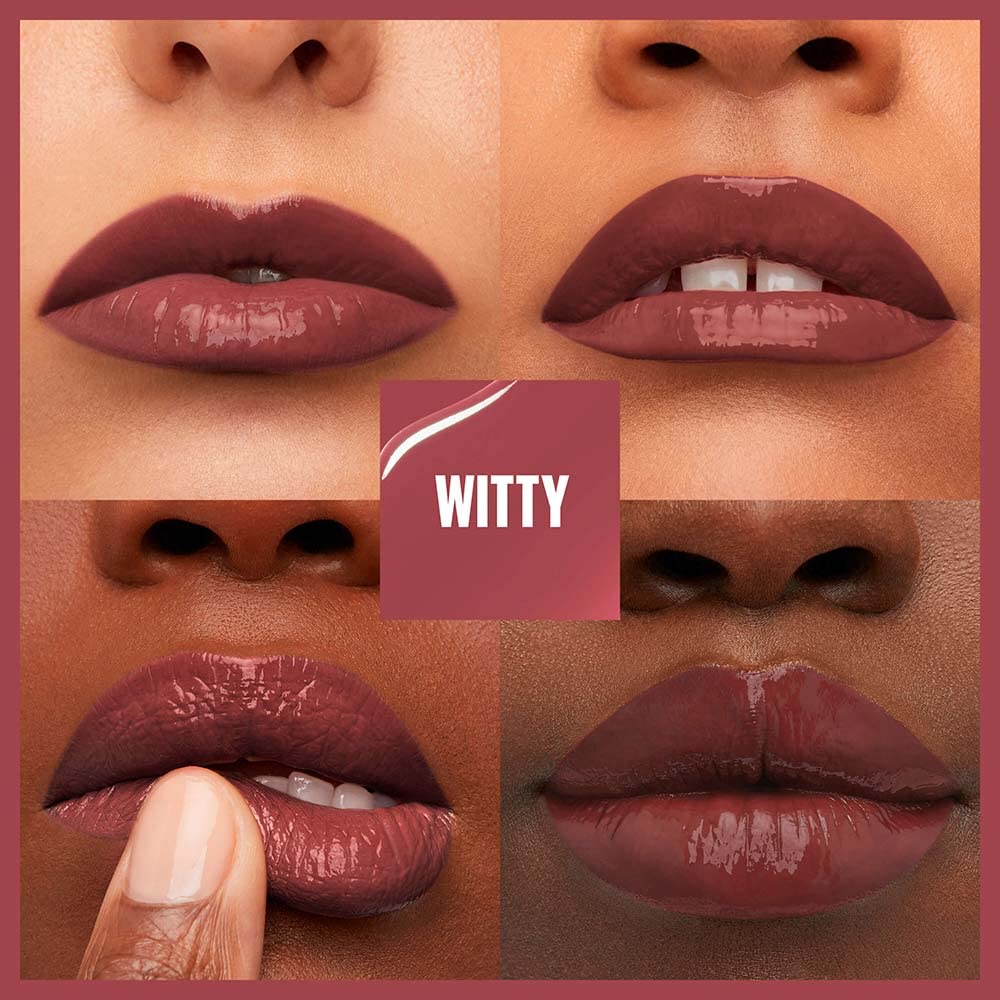 Maybelline Super Stay Vinyl Ink on lips in studio shot highlighting longwear shine