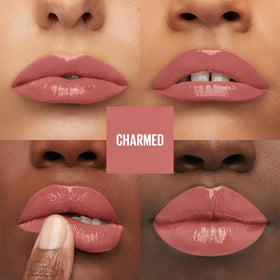 MAYBELLINE close-up texture swipe showing vinyl shine and saturated pigment benefit