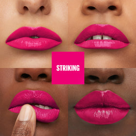 MAYBELLINE glossy texture swipe illustrating high-shine vinyl finish and intense pigment payoff
