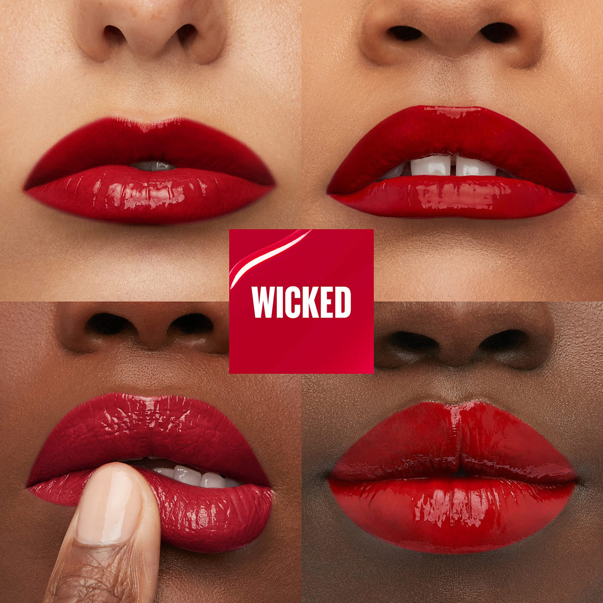 Maybelline swatch of Wicked cool red on hand demonstrating rich pigmentation and true-to-tube color payoff