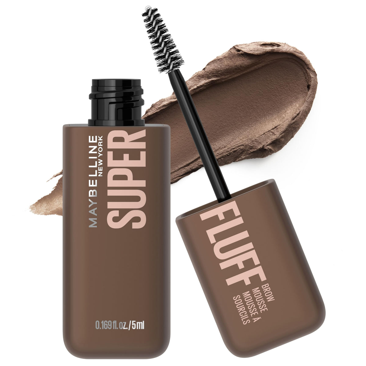 Maybelline Superfluff front packaging showing product and shade, clear soft brow finish