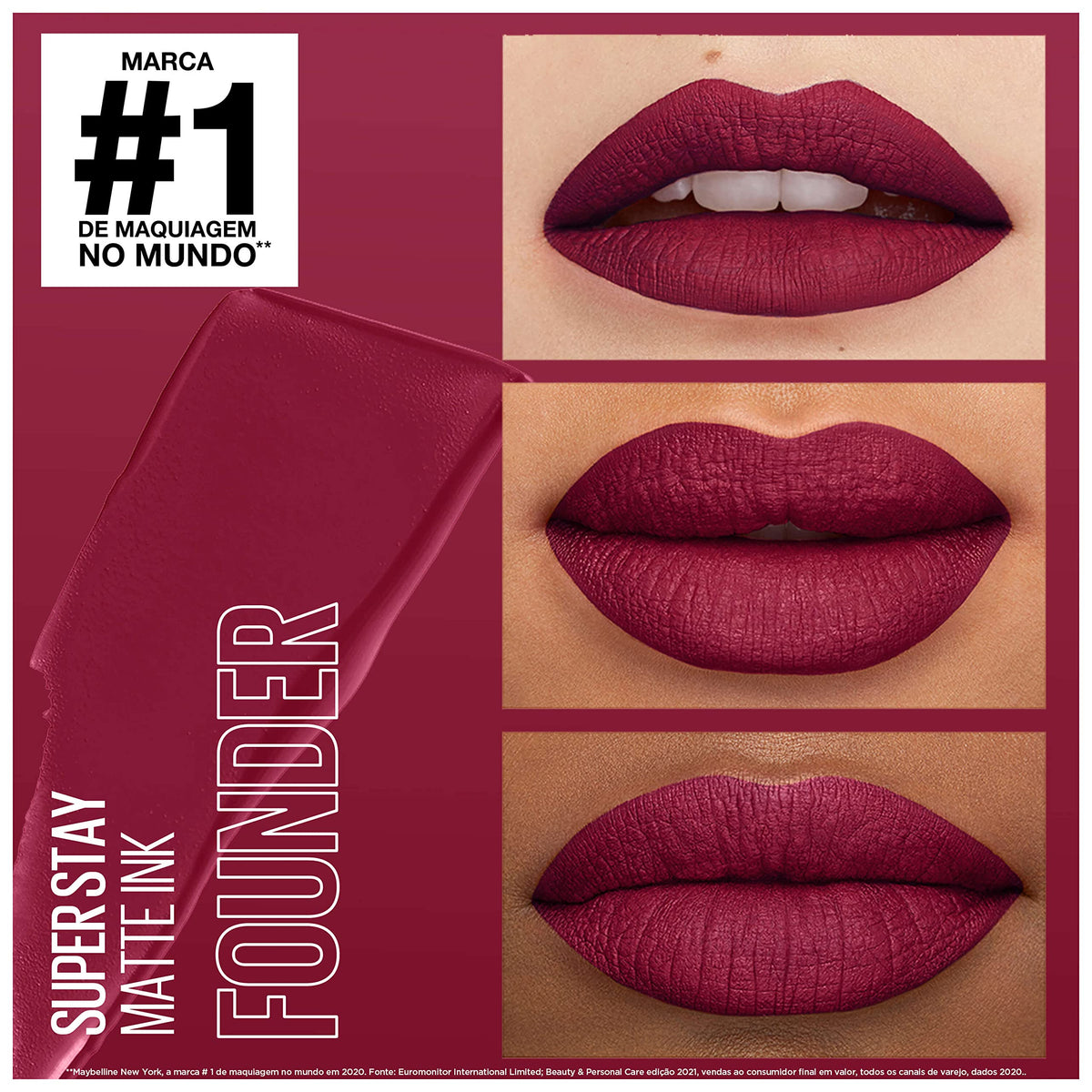 Maybelline SuperStay Founder lip swatch on model demonstrates vibrant cranberry payoff