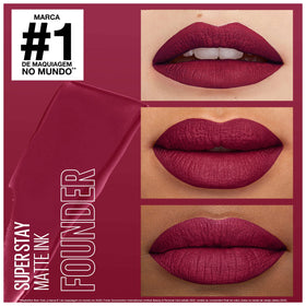 Maybelline SuperStay Founder lip swatch on model demonstrates vibrant cranberry payoff