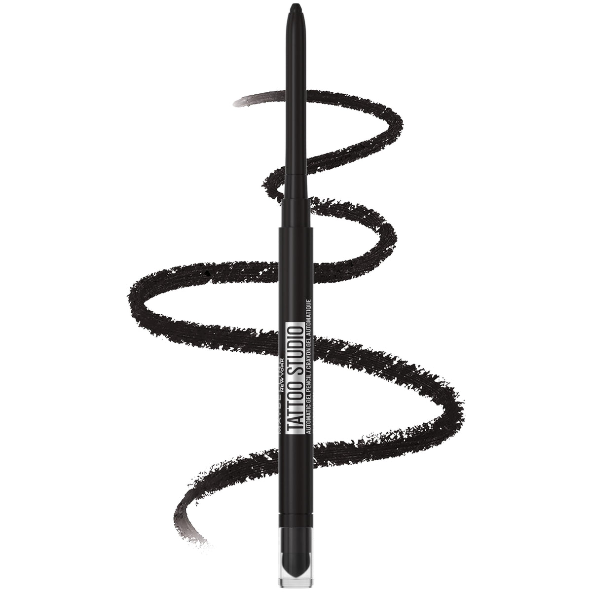 MAYBELLINE Tattoo Studio front packaging showing pitch black shade and twist-up design benefit