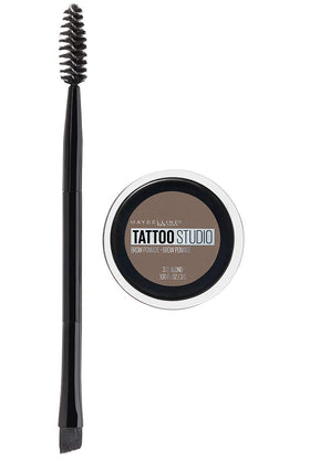 Maybelline TattooStudio front packaging showing blonde shade and brush, easy selection benefit