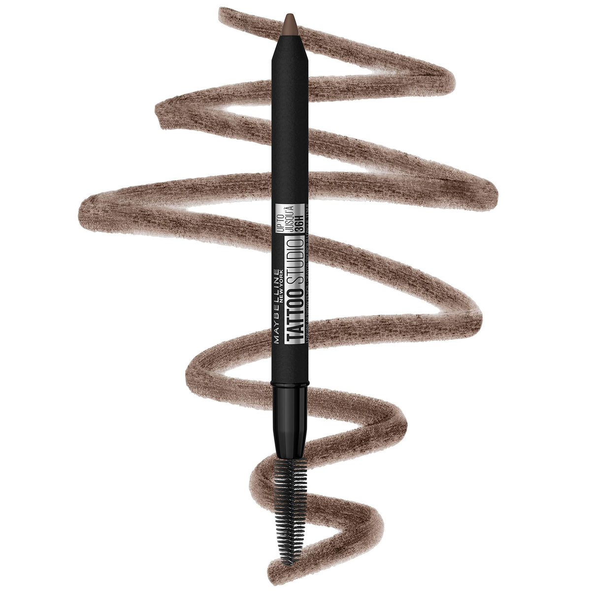 MAYBELLINE pencil front view showing medium brown shade and easy grip benefit