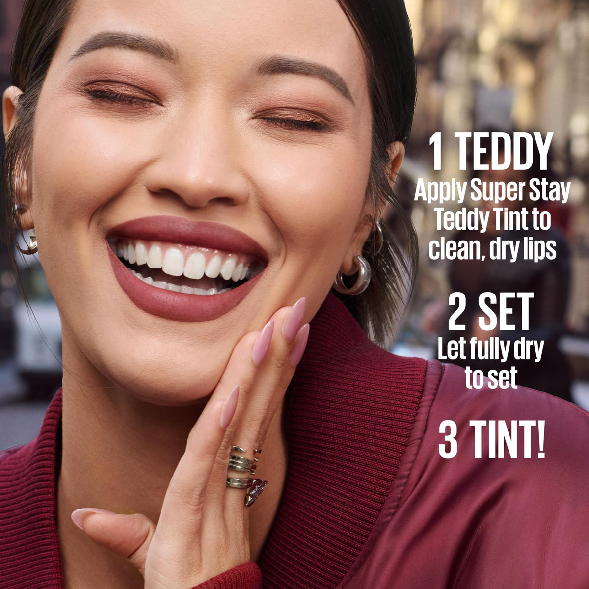 MAYBELLINE tint applied on cheeks showing dual-use as lip and cheek stain