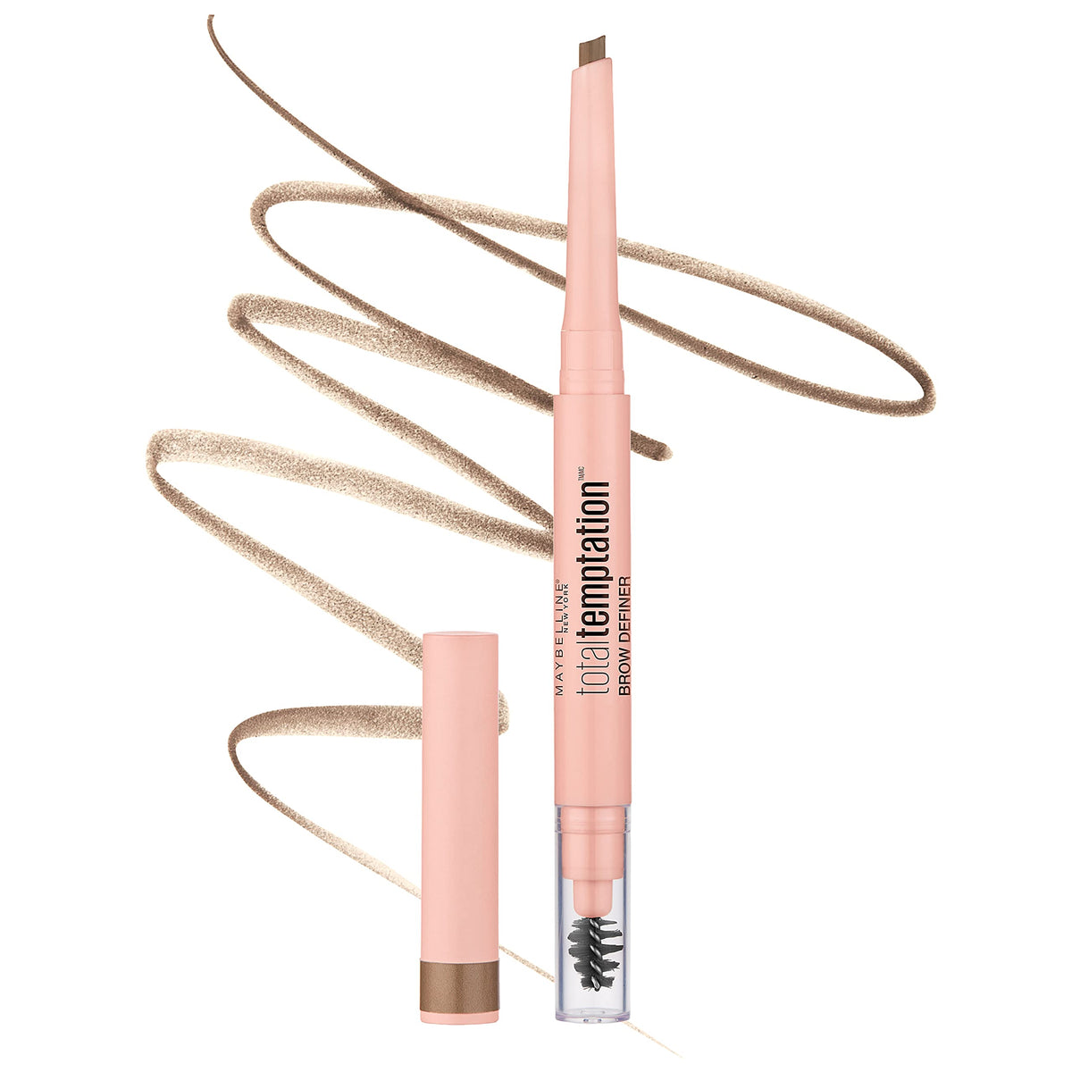 Maybelline Total Temptation eyebrow definer pencil front packaging showing blonde shade and branding benefit natural shaping