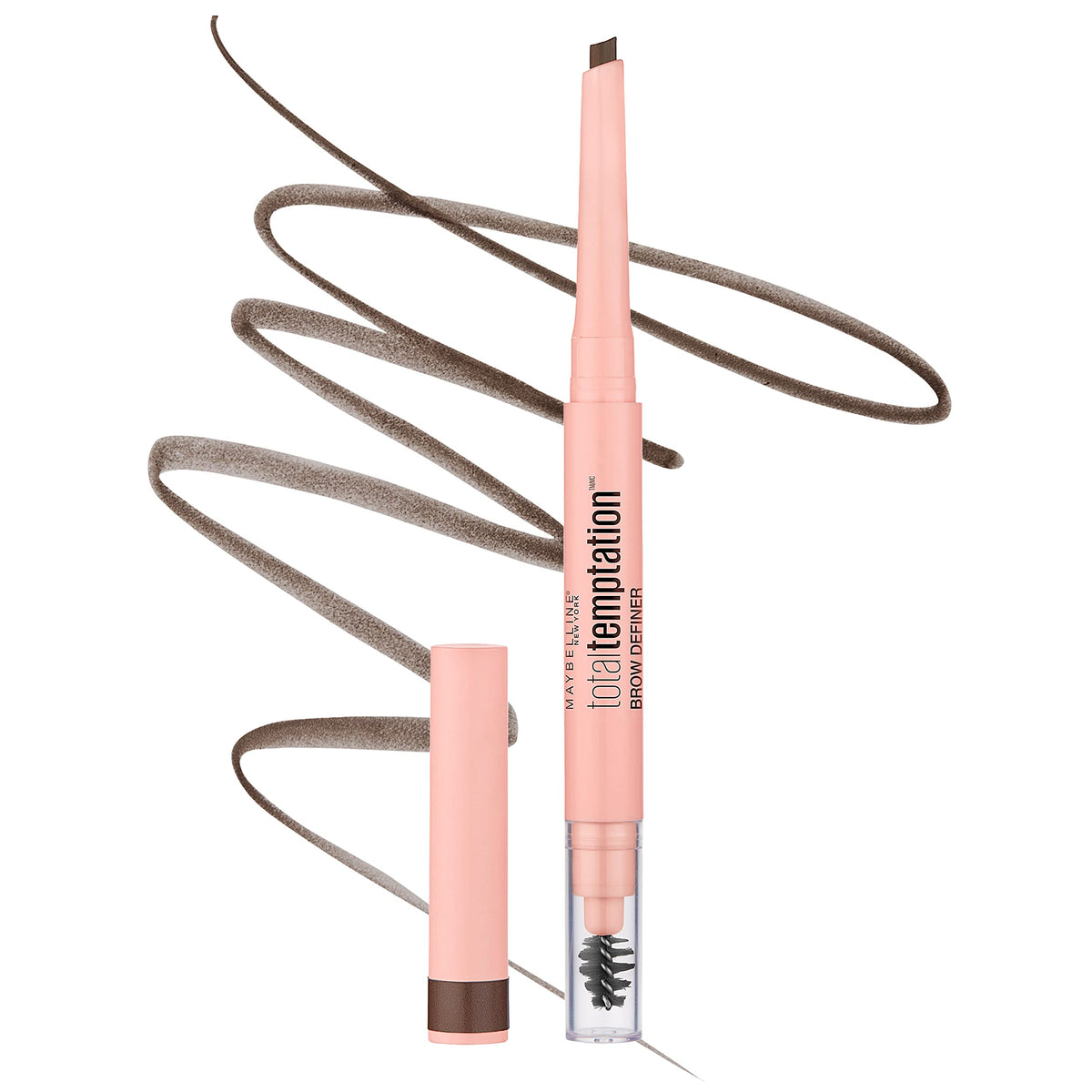 MAYBELLINE front packaging showing pencil and spoolie, easy travel use