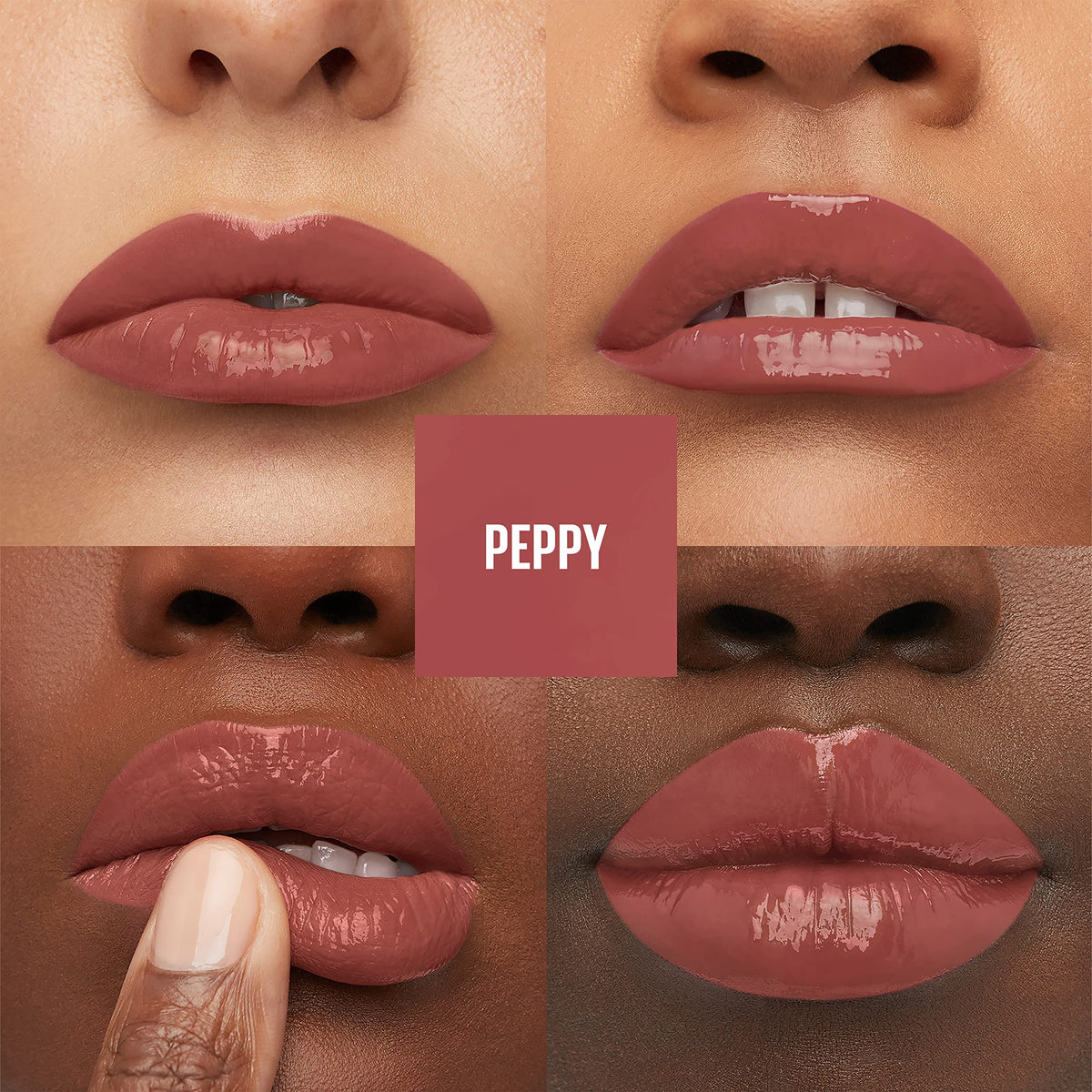 Maybelline texture swipe of Peppy pink showing glossy finish and intense pigment