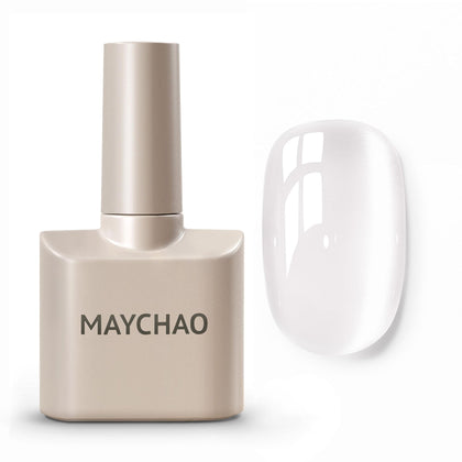 MAYCHAO bottle front showing glassy clear cat-eye polish and label benefits