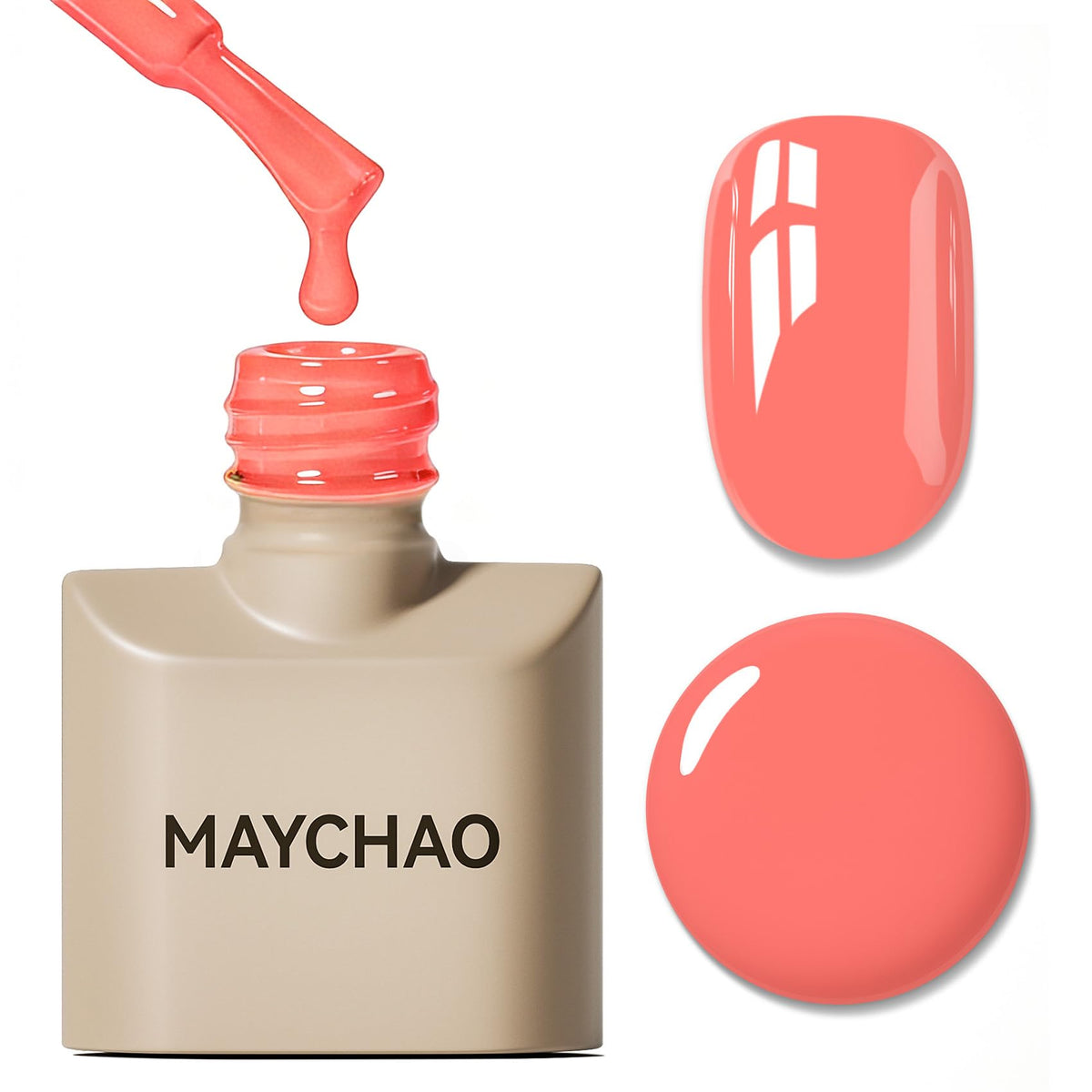 MAYCHAO front bottle coral pink showing brand and glossy finish benefit