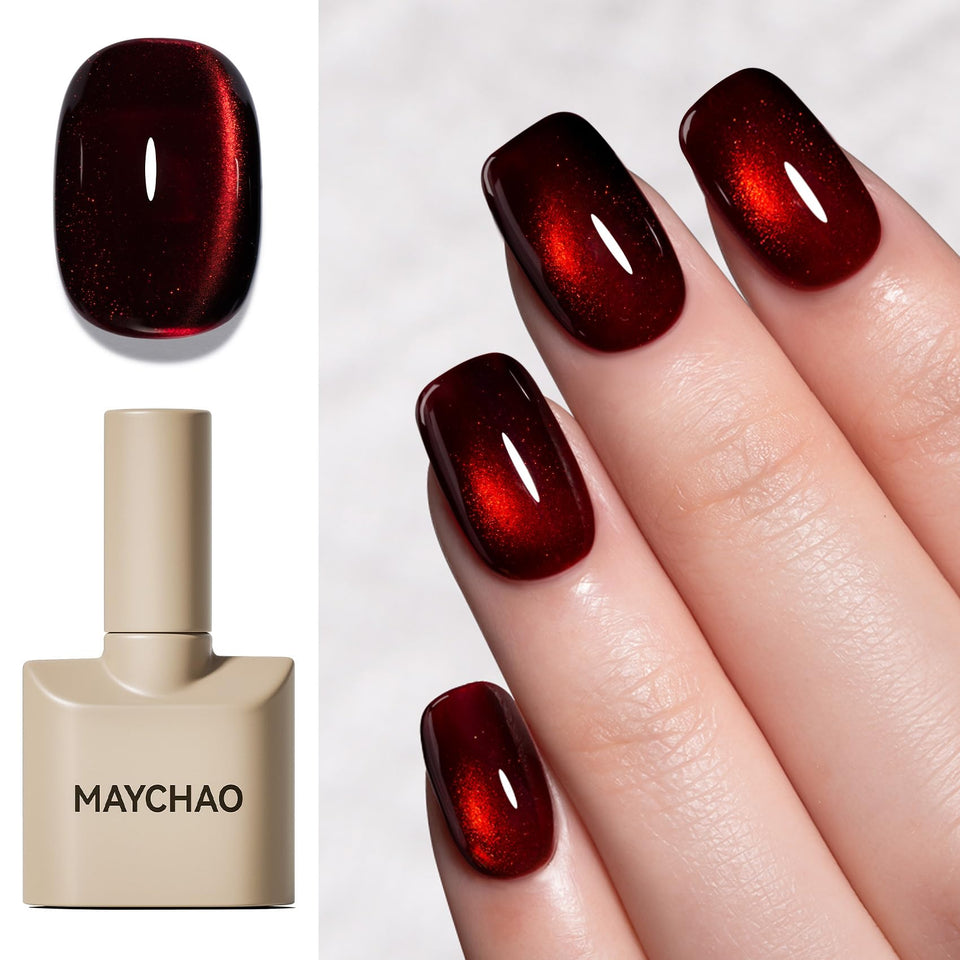 MAYCHAO front bottle showing dark cherry cat-eye polish and bold color payoff