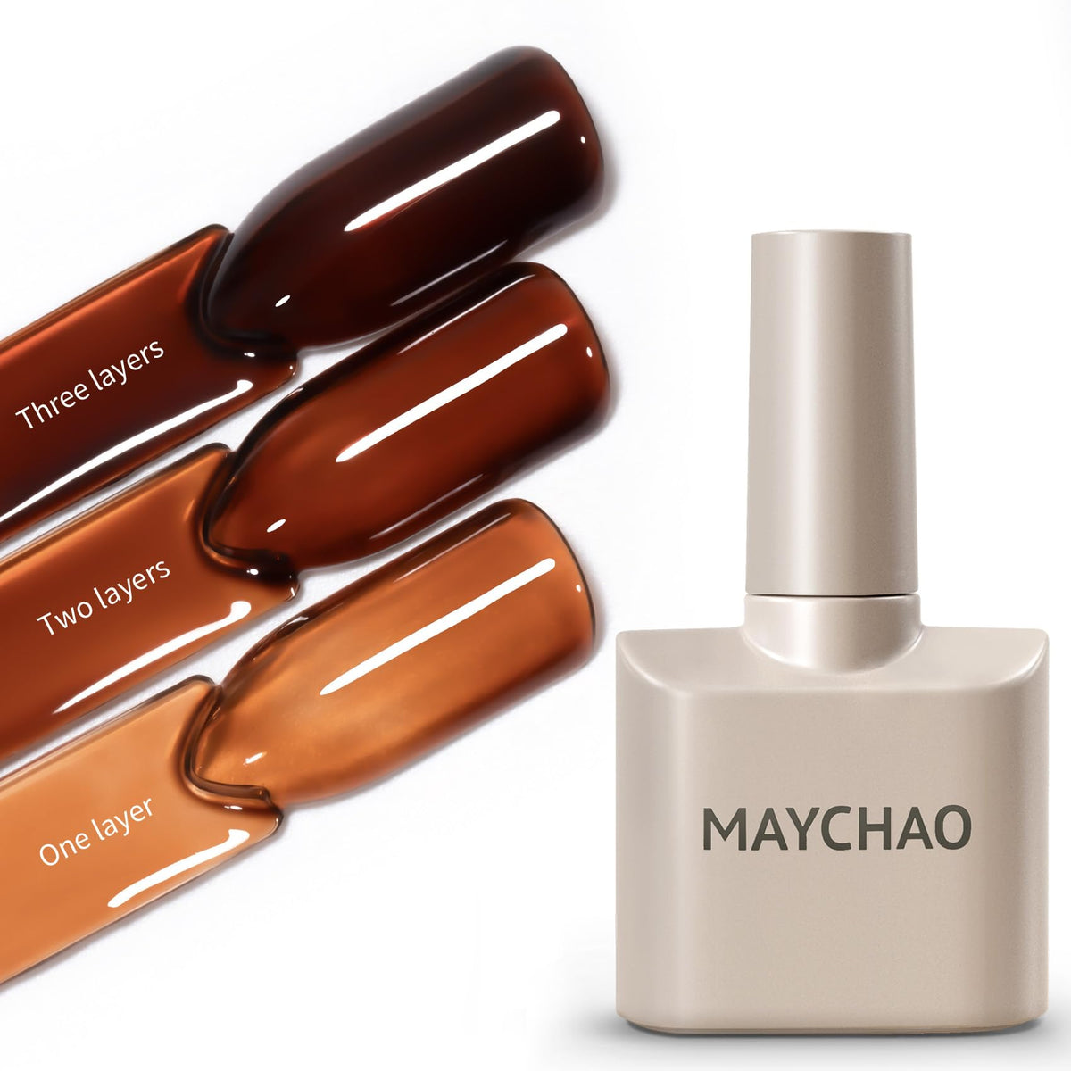 MAYCHAO front bottle showing warm tortoise jelly shade and glossy finish