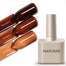 MAYCHAO front bottle showing warm tortoise jelly shade and glossy finish