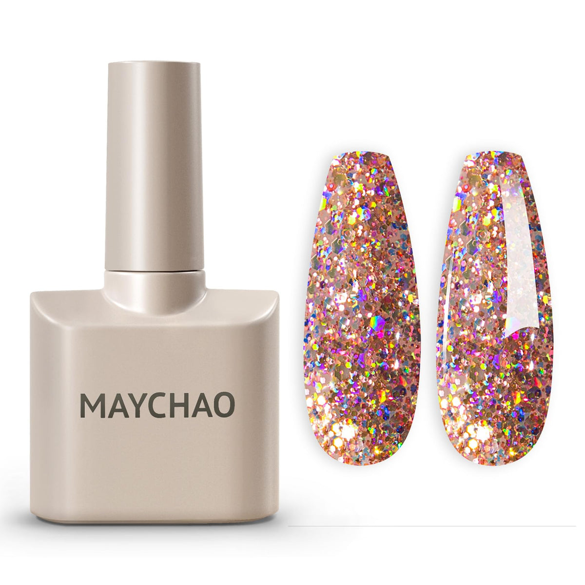 MAYCHAO front bottle showing clear pink glitter polish and easy application benefit