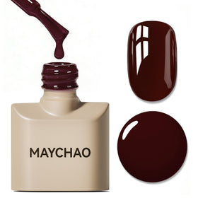 MAYCHAO bottle front showing deep cherry red polish and label, rich color payoff