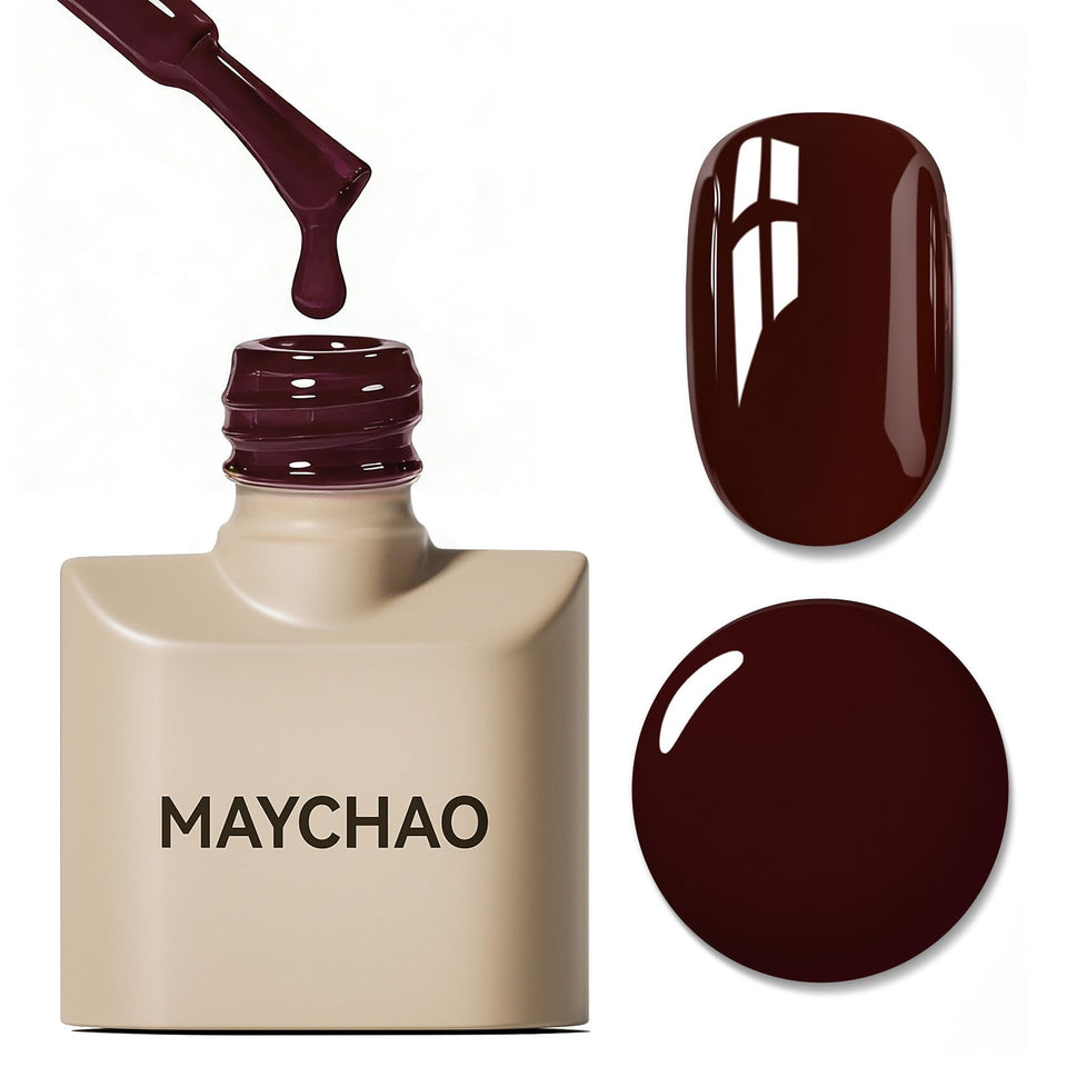 MAYCHAO bottle front showing deep cherry red polish and label, rich color payoff