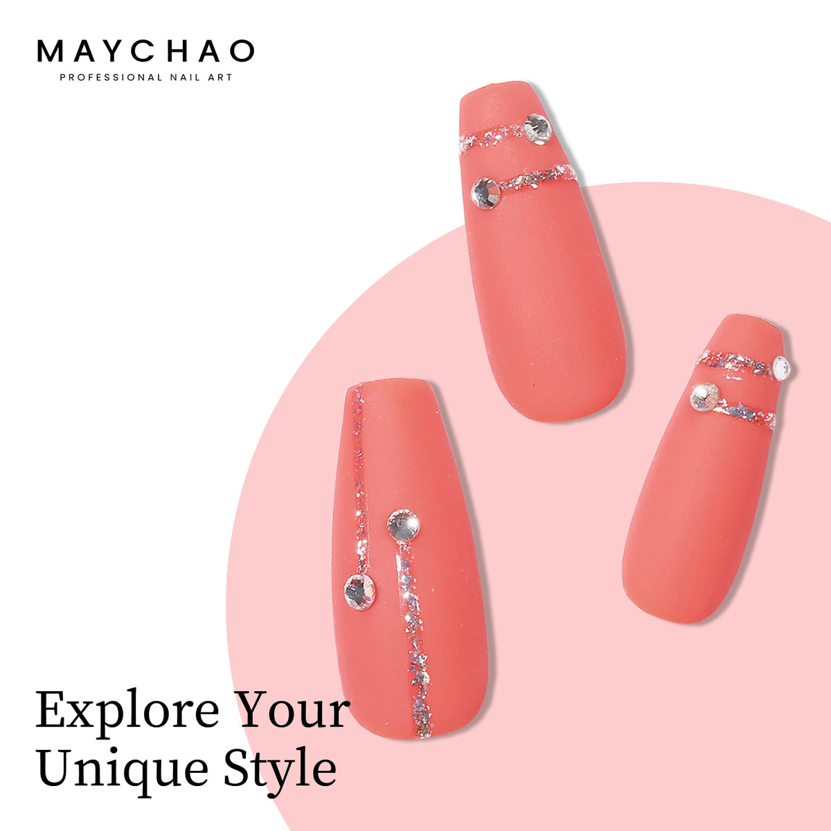 MAYCHAO painted nails on hands lifestyle showing wearable coral-pink benefit