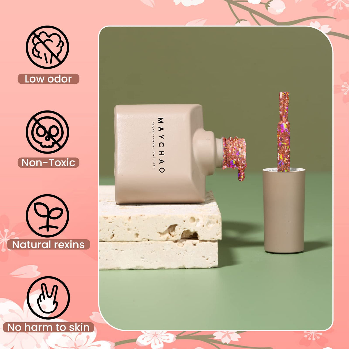 MAYCHAO bottle beside everyday items showing compact 15ml portable size