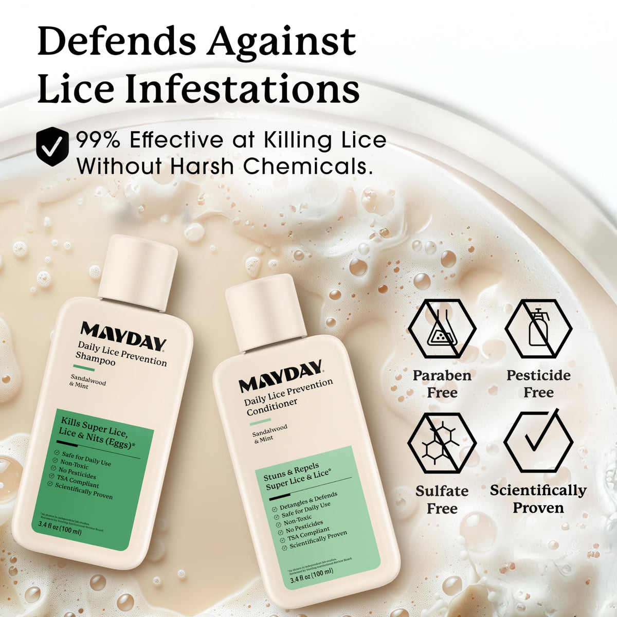 MAYDAY shampoo bottle label close-up highlighting scent and gentle cleanse benefits