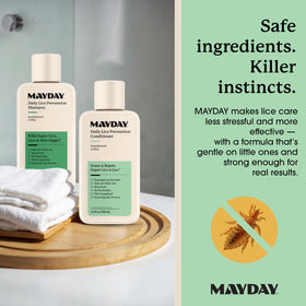 MAYDAY bottles beside ruler showing 3.4oz compact size advantage