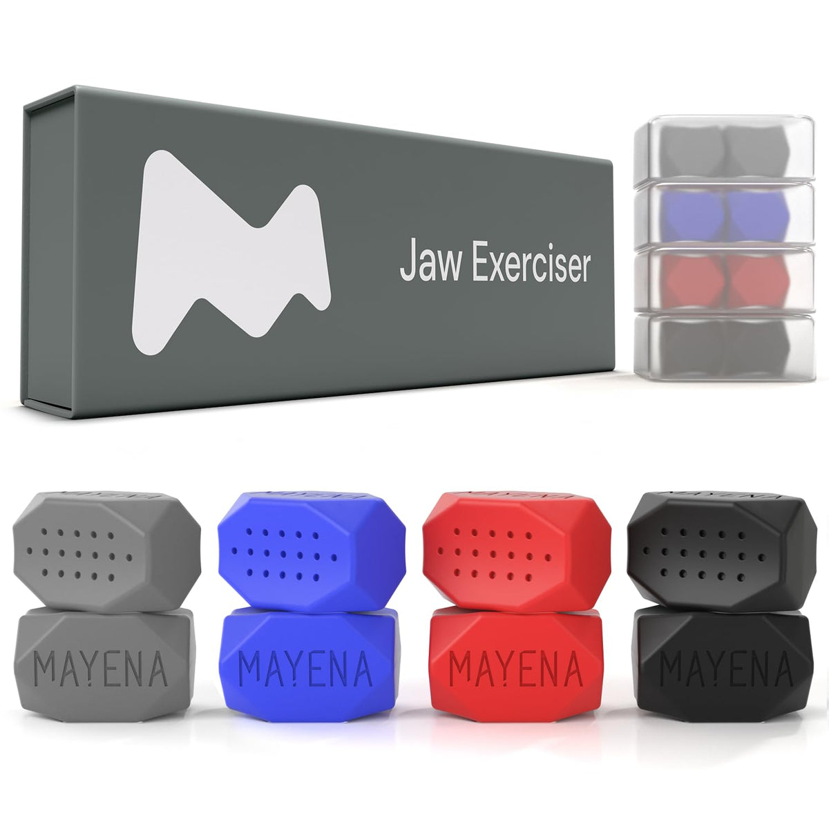 Mayena front packaging showing the 4-level jaw exerciser set and benefits