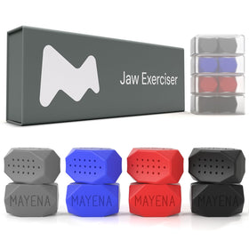 Mayena front packaging showing the 4-level jaw exerciser set and benefits