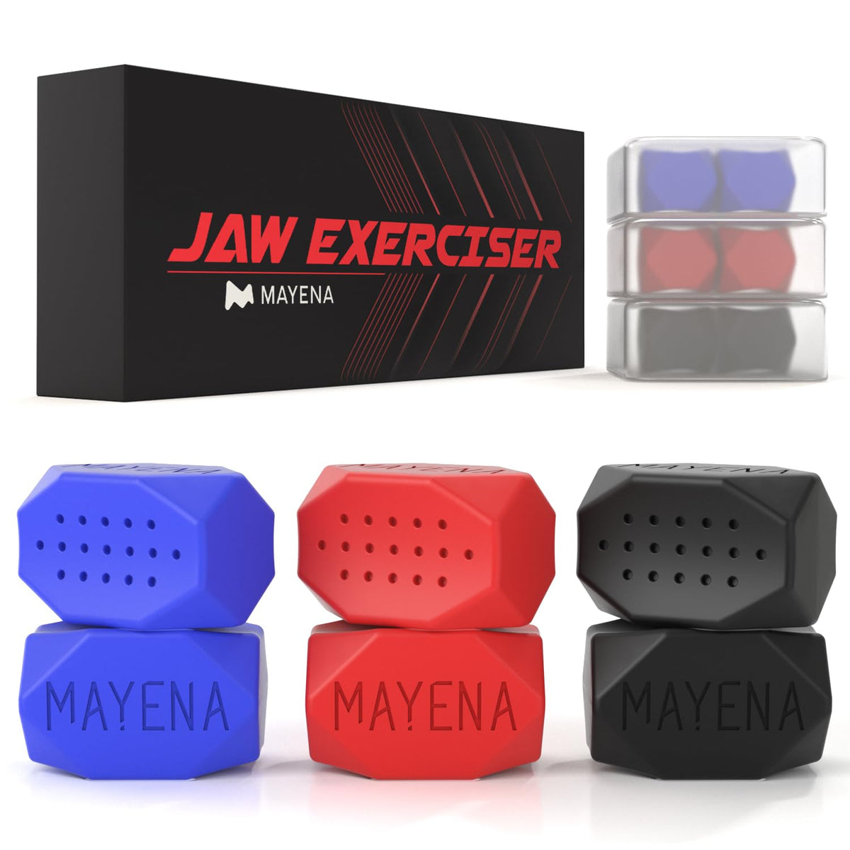 Mayena sports front packaging showing three-level set and travel cases benefits clarity
