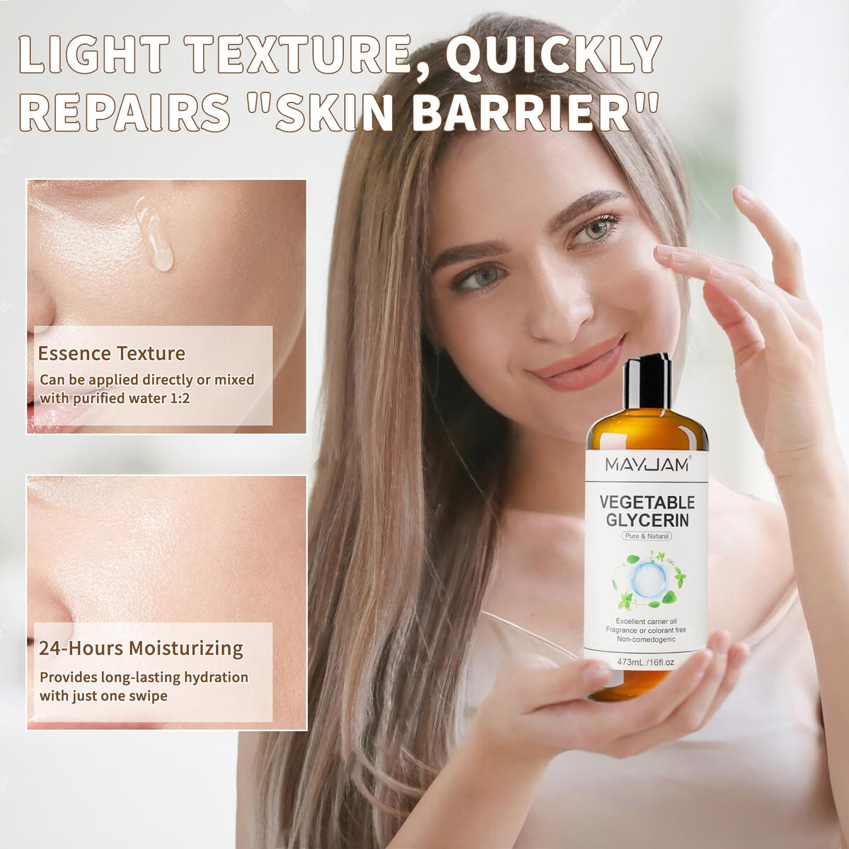 A few drops of MAYJAM glycerine mixed into conditioner to boost hair moisture and shine
