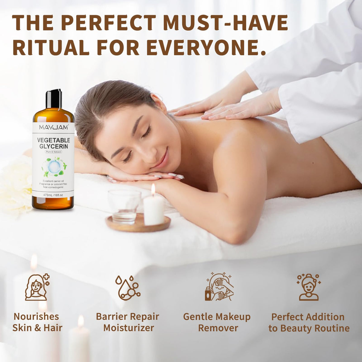 Pouring MAYJAM glycerine into hand for moisturizing use and skin hydration benefit