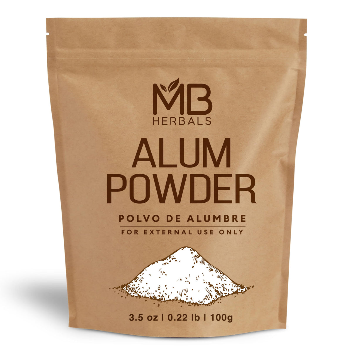 MB Herbals alum powder front packaging showing weight and instructions benefit clarity