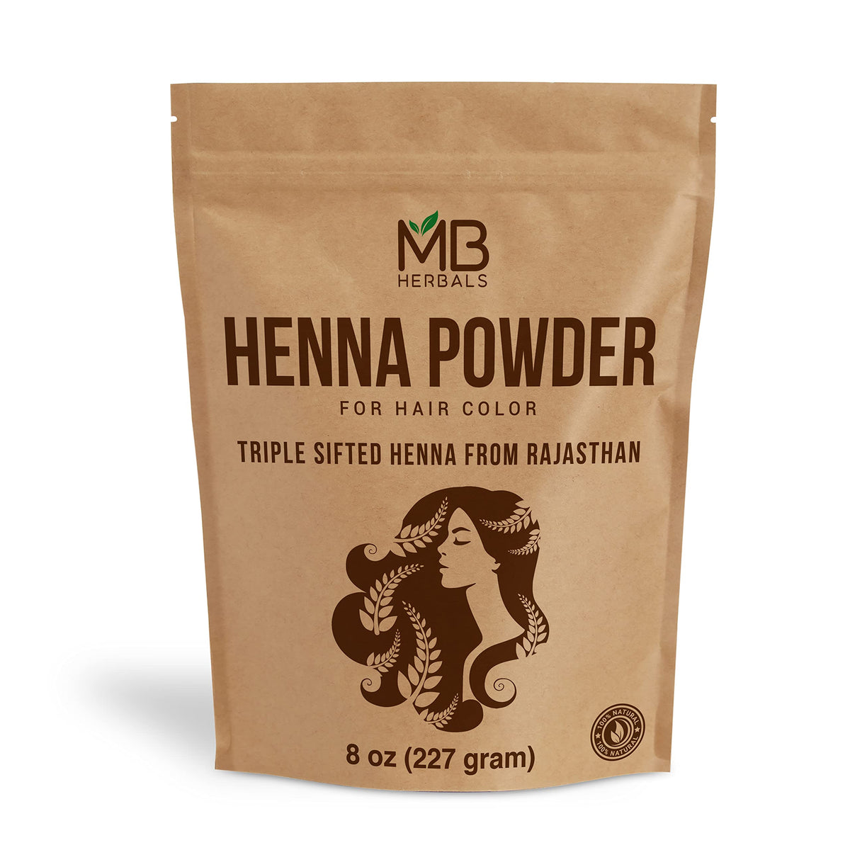 MB Herbals front packaging showing 8 oz henna for natural coloring