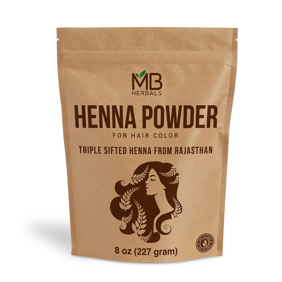 MB Herbals front packaging showing 8 oz henna for natural coloring