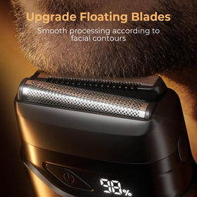 Mbzoey shaver rear view showing battery compartment and travel lock for secure transport