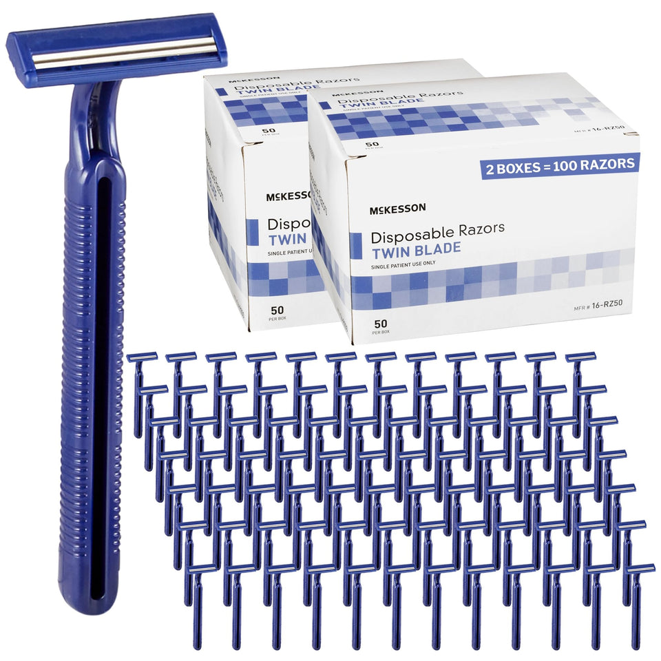 McKesson front pack of 100 razors showing bulk value and branding