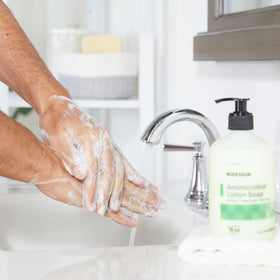 McKesson bottle on a bathroom counter in use scene conveying professional, fresh hygiene