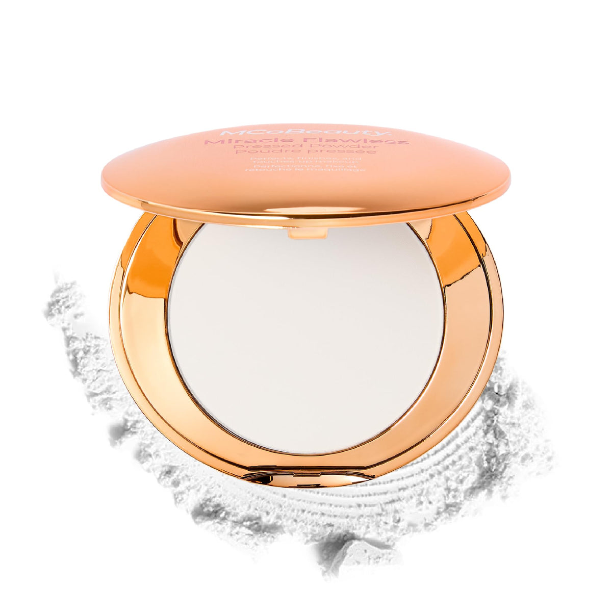 MCoBeauty compact front view showing slim case and logo for easy portability