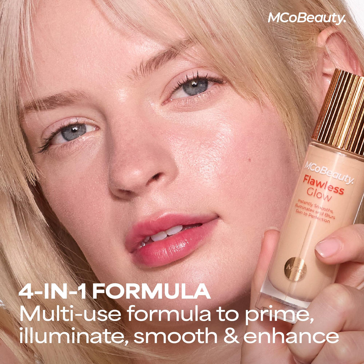 MCoBeauty mixed with foundation in palm showing customizable glow boost and blendability