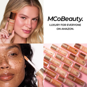 MCoBeauty bottle staged with makeup kit showing everyday routine compatibility and portability