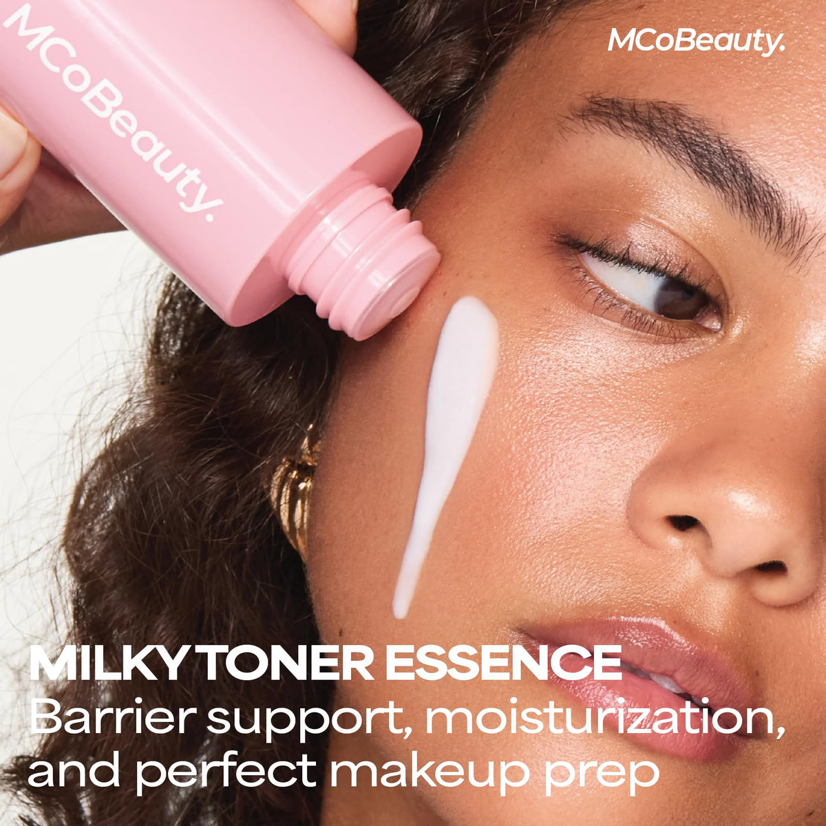 MCoBeauty milky toner pouring to show creamy texture that hydrates skin