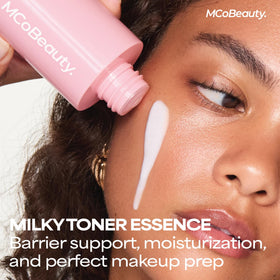 MCoBeauty milky toner pouring to show creamy texture that hydrates skin