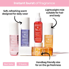 MCoBeauty No.2 spray cloud over hand illustrating lightweight texture and quick dry