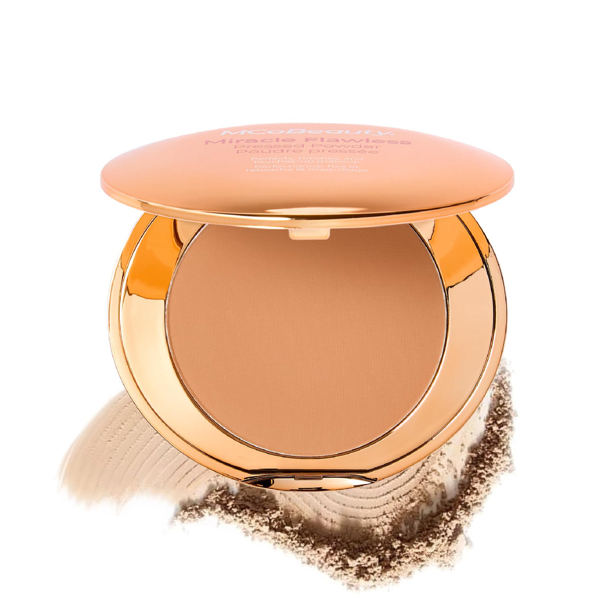 MCoBeauty compact front view showing slim mirrored case and travel-ready benefit
