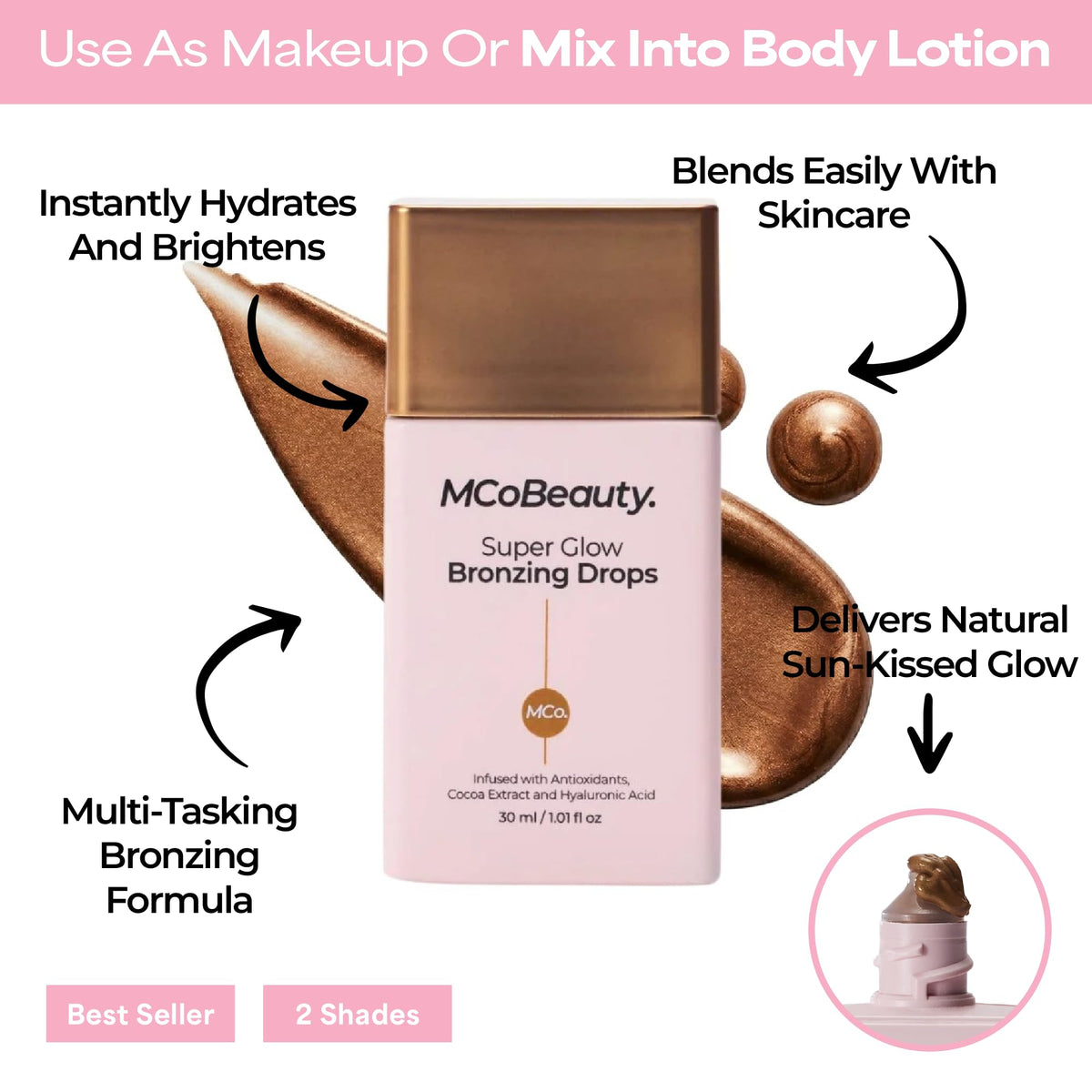 MCoBeauty close-up texture swirl of bronzing drops showing luminous shimmer