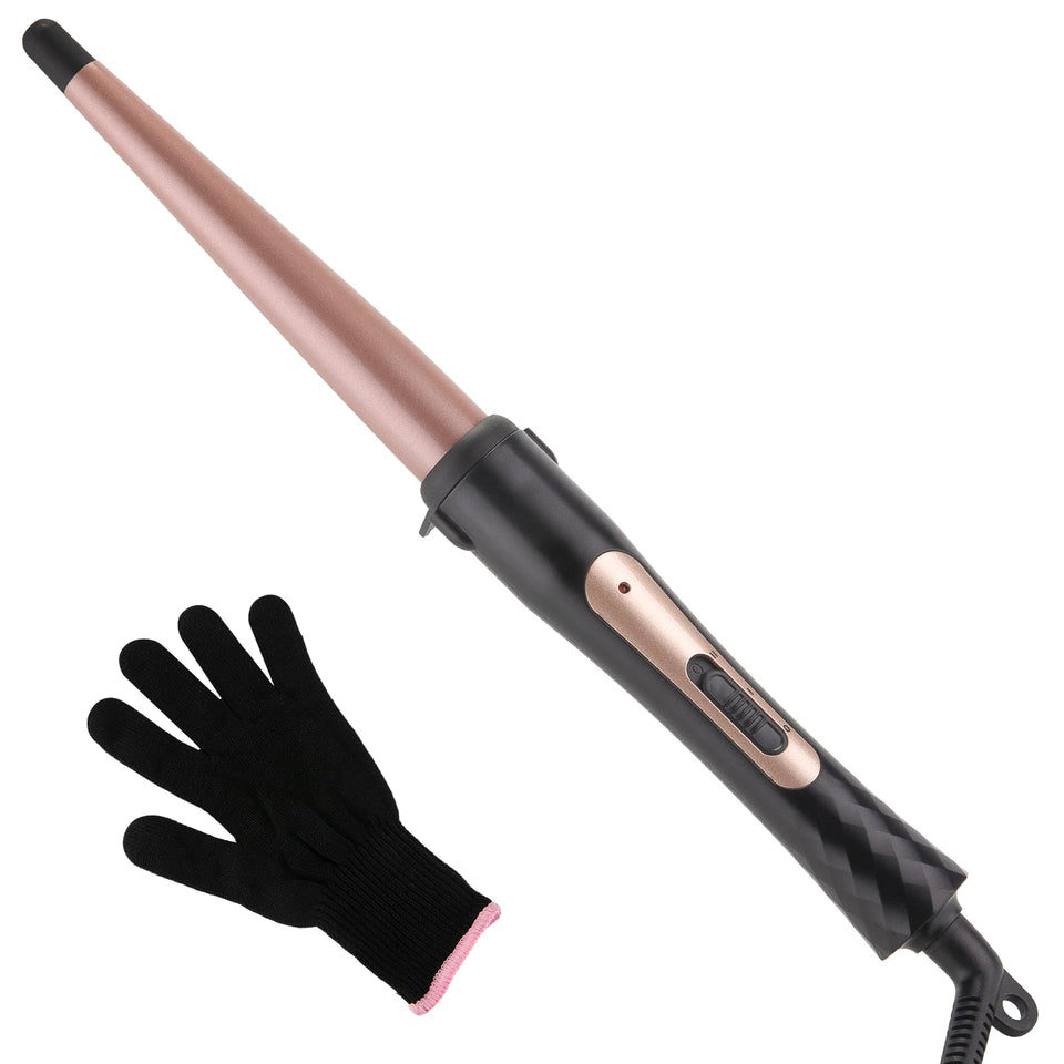 MCODON curling wand front view showing ergonomic handle and tapered barrel benefit: easy styling
