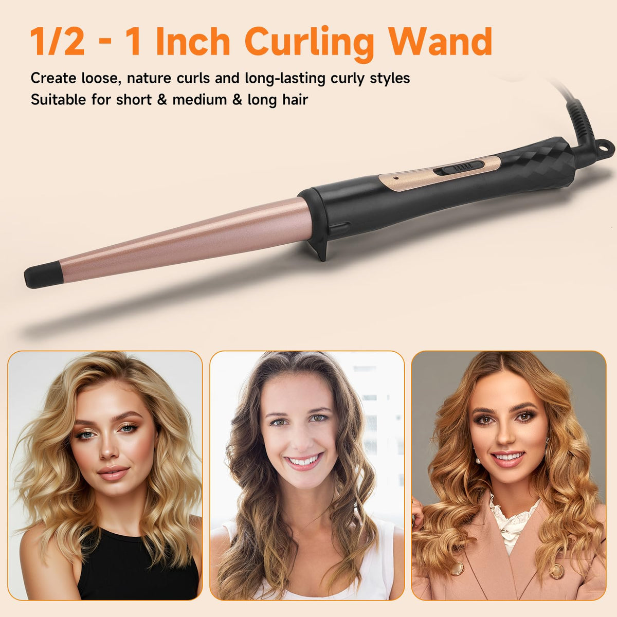 MCODON tapered barrel close-up showing conical shape benefit: variable curl sizes