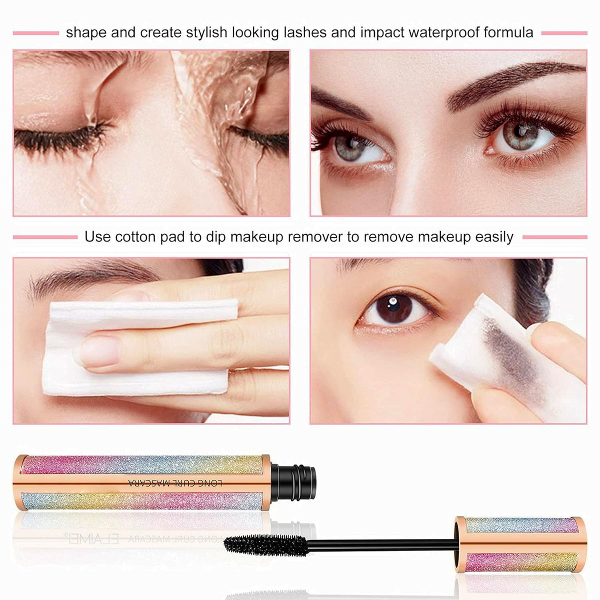 Mcukv applying mascara to eyelashes illustrating clump-free, separated lashes