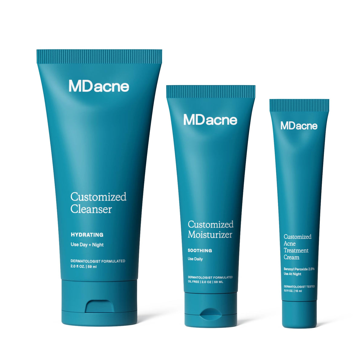 MDacne kit front packaging showing complete 3-step acne set and clarity benefits
